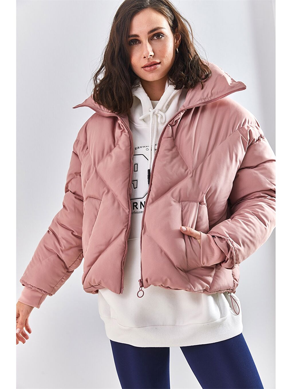 Pembe Uzun Kollu Kadın Şişme Mont-7