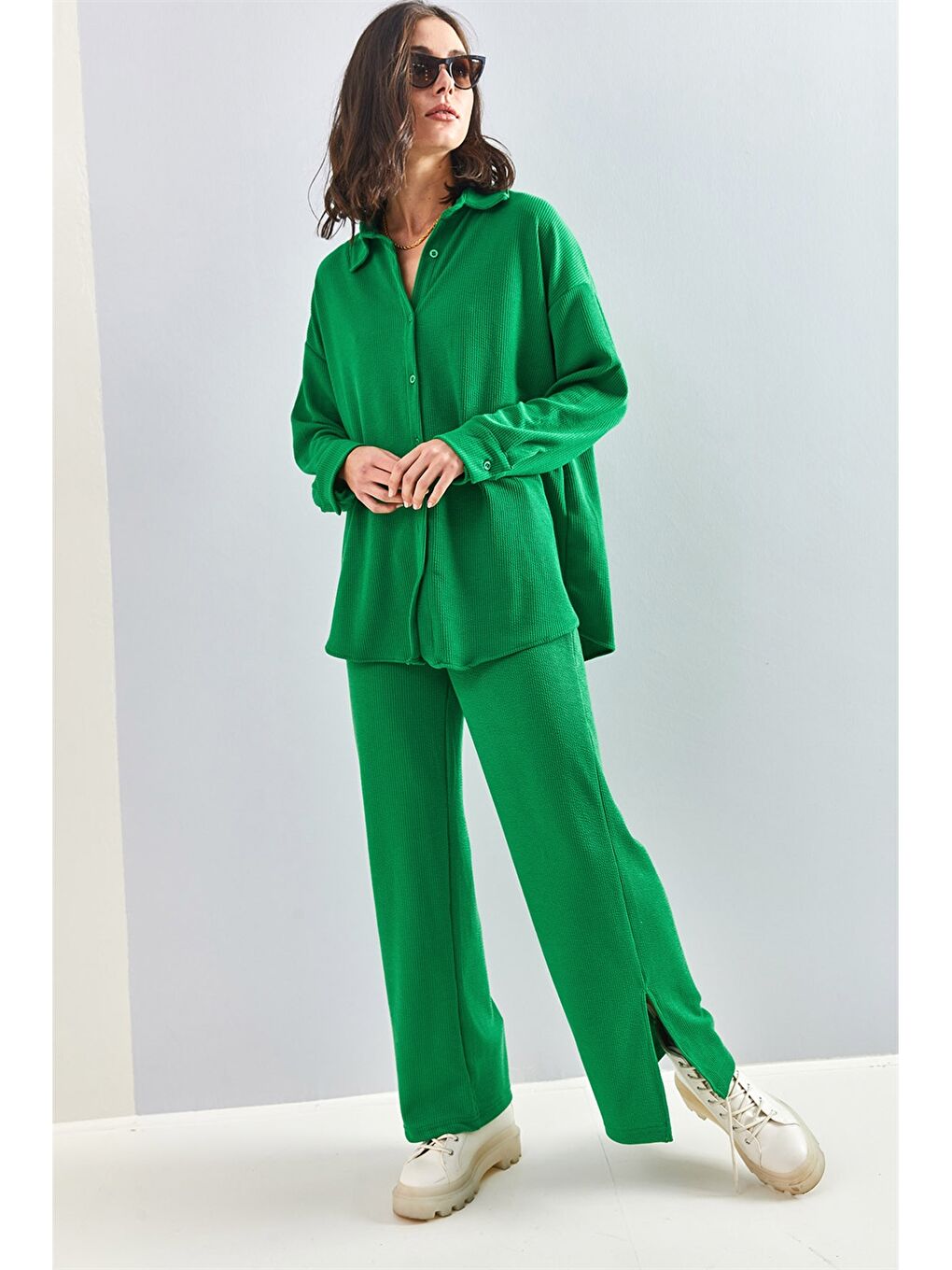 Yeşil Gömlek Yaka Düz Uzun Kollu Kadın Eşofman Takımı