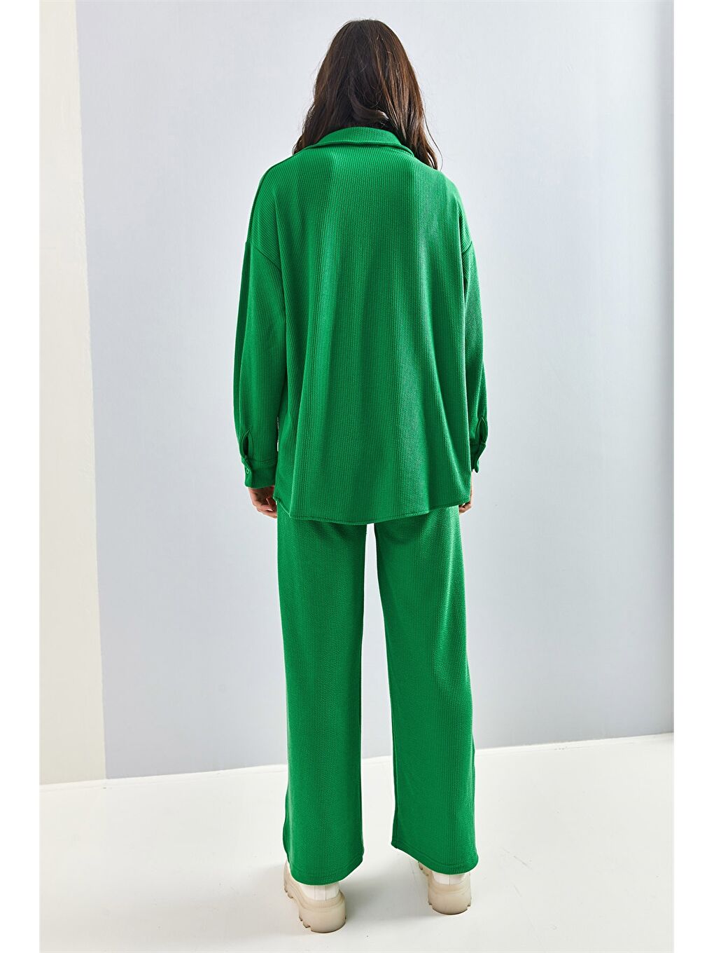Yeşil Gömlek Yaka Düz Uzun Kollu Kadın Eşofman Takımı-1