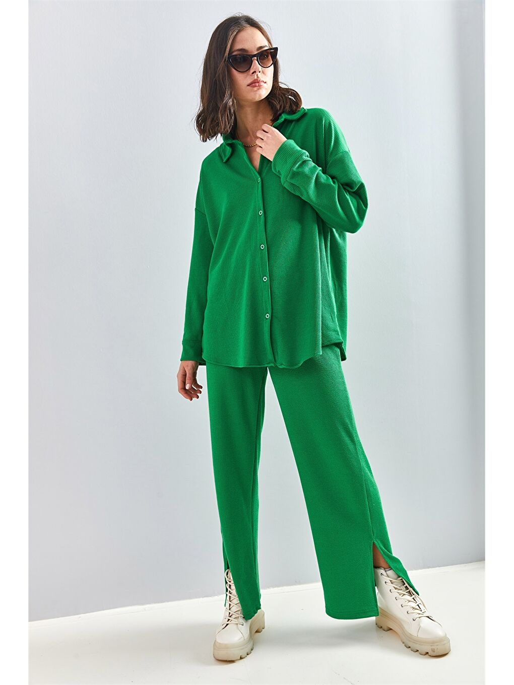 Yeşil Gömlek Yaka Düz Uzun Kollu Kadın Eşofman Takımı-2