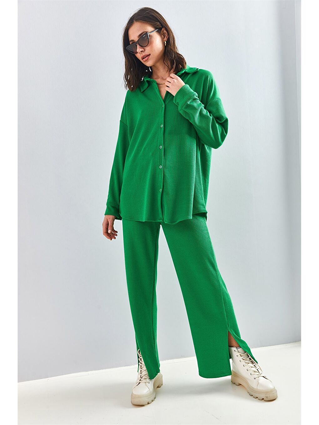 Yeşil Gömlek Yaka Düz Uzun Kollu Kadın Eşofman Takımı-3