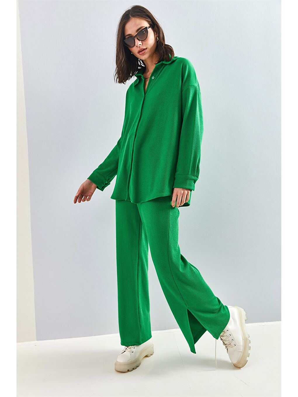 Yeşil Gömlek Yaka Düz Uzun Kollu Kadın Eşofman Takımı-4
