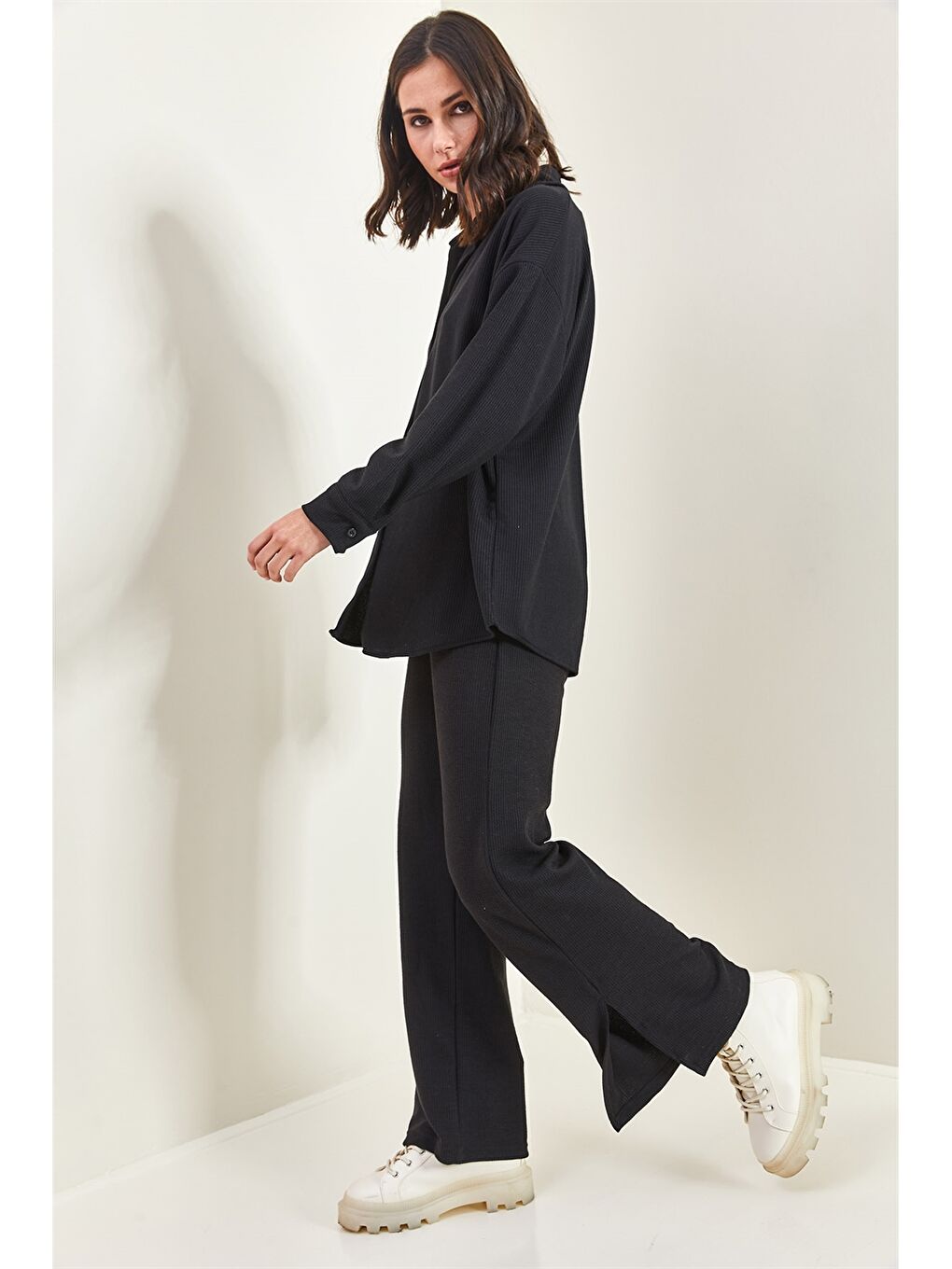 Siyah Gömlek Yaka Düz Uzun Kollu Kadın Eşofman Takımı-7