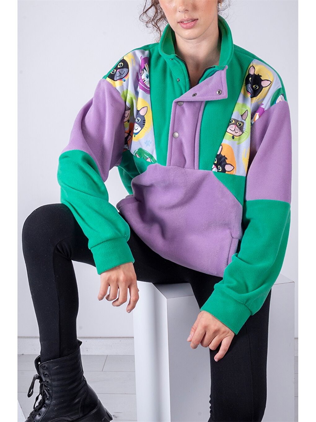 Lila Yarım Fermuarlı Dik Yaka Polar Sweatshirt