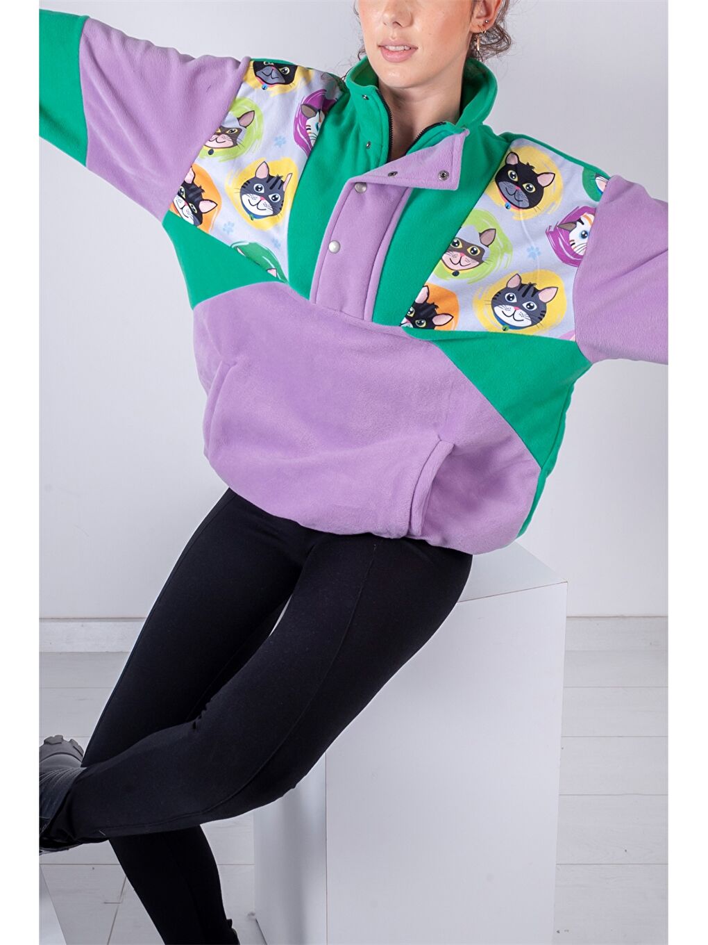 Lila Yarım Fermuarlı Dik Yaka Polar Sweatshirt-1