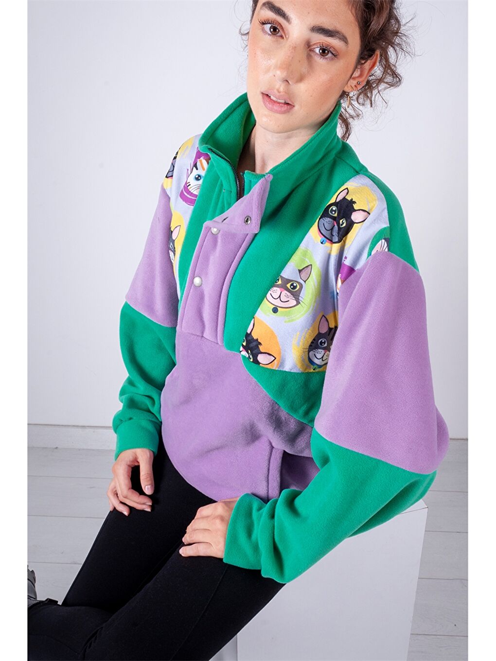 Lila Yarım Fermuarlı Dik Yaka Polar Sweatshirt-2