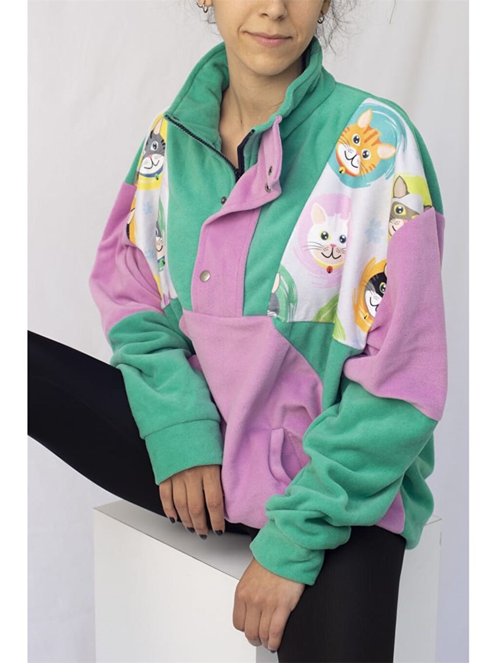 Lila Yarım Fermuarlı Dik Yaka Polar Sweatshirt-3