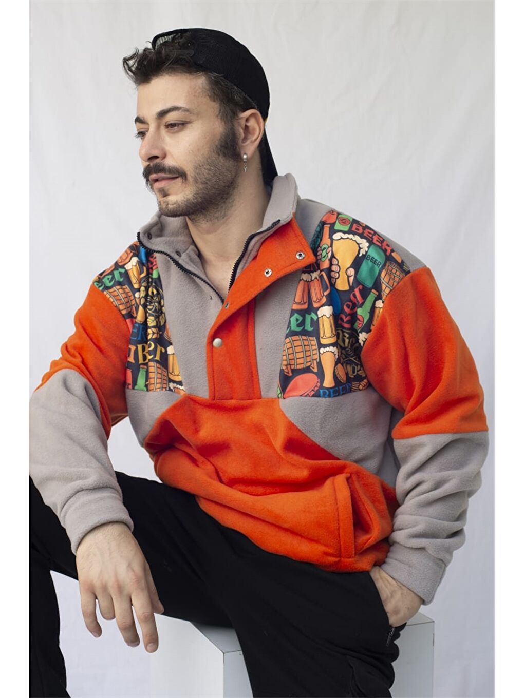 Turuncu Oversize Dik Yaka Uzun Kollu Polar Unisex Sweatshirt