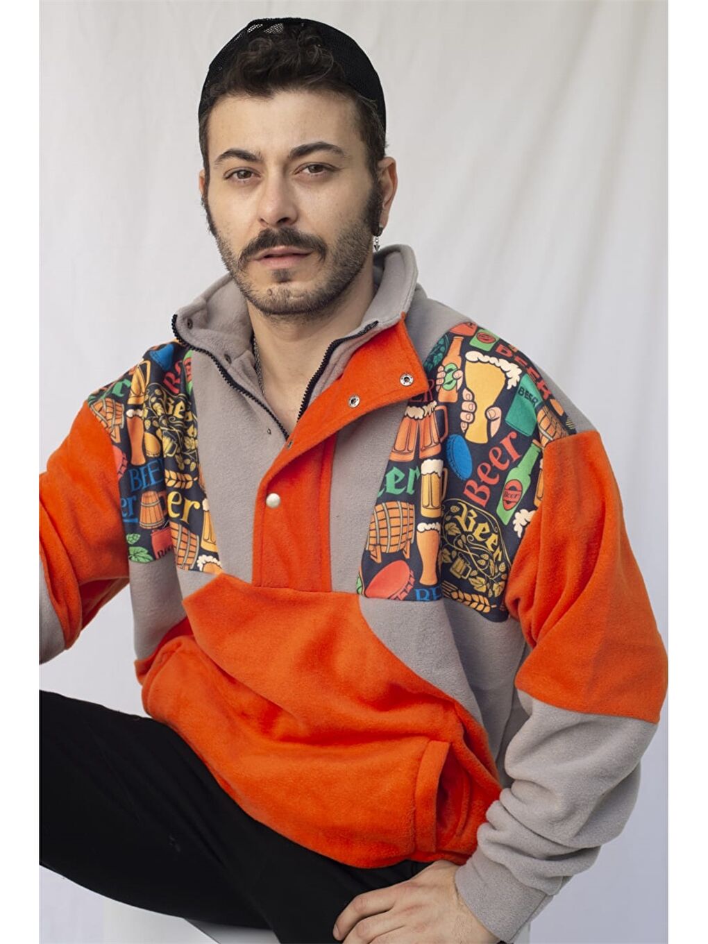 Turuncu Oversize Dik Yaka Uzun Kollu Polar Unisex Sweatshirt-1