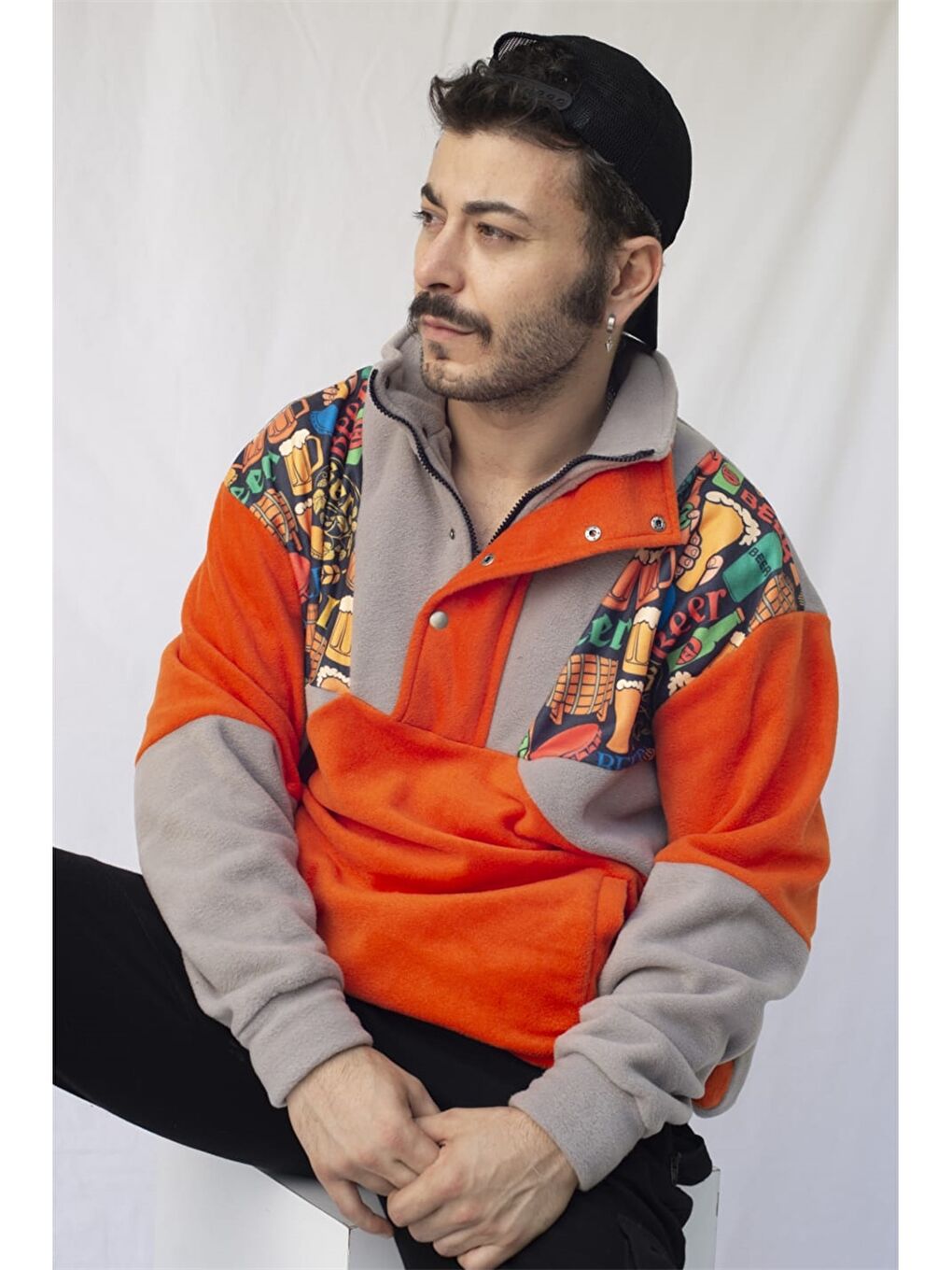 Turuncu Oversize Dik Yaka Uzun Kollu Polar Unisex Sweatshirt-2