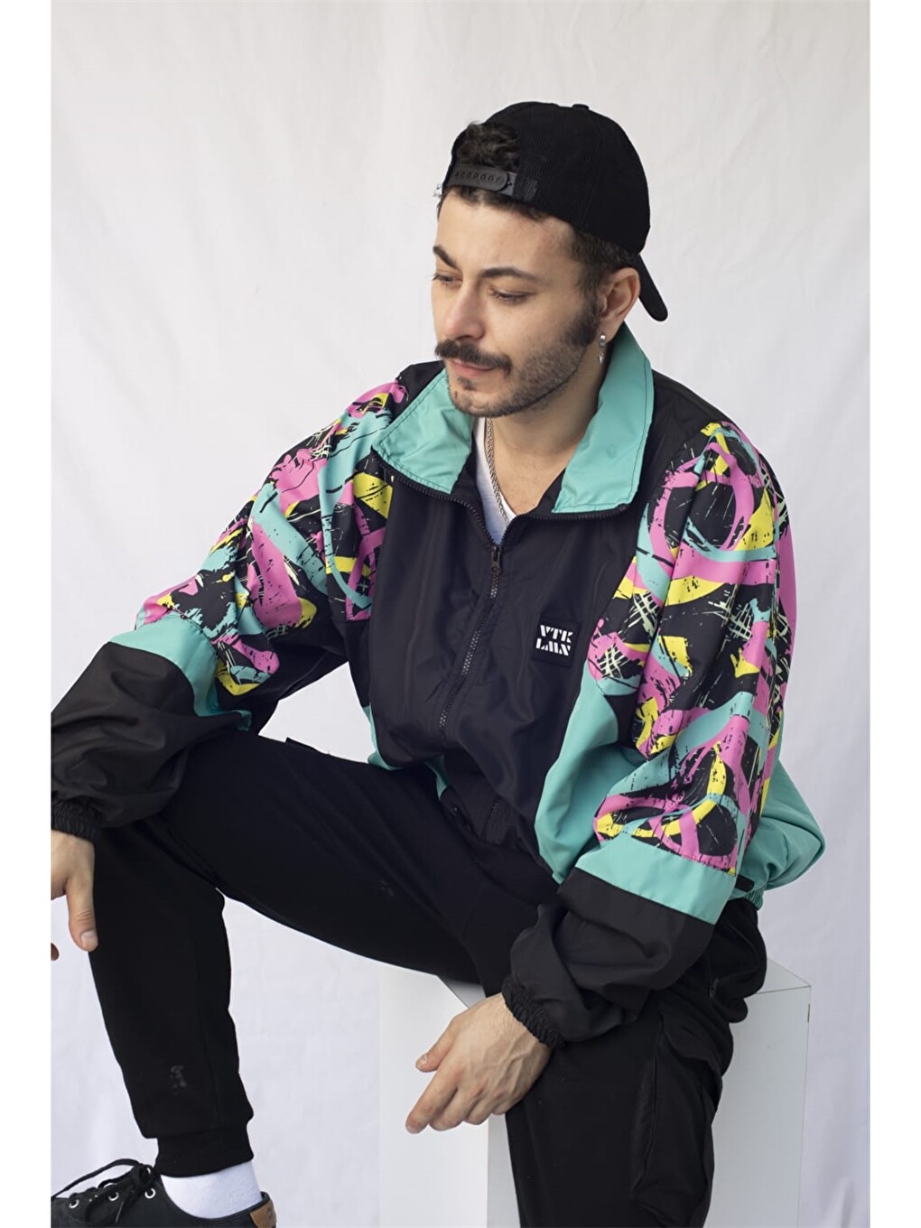 Siyah Oversize Dik Yaka Unisex Bomber Ceket-3