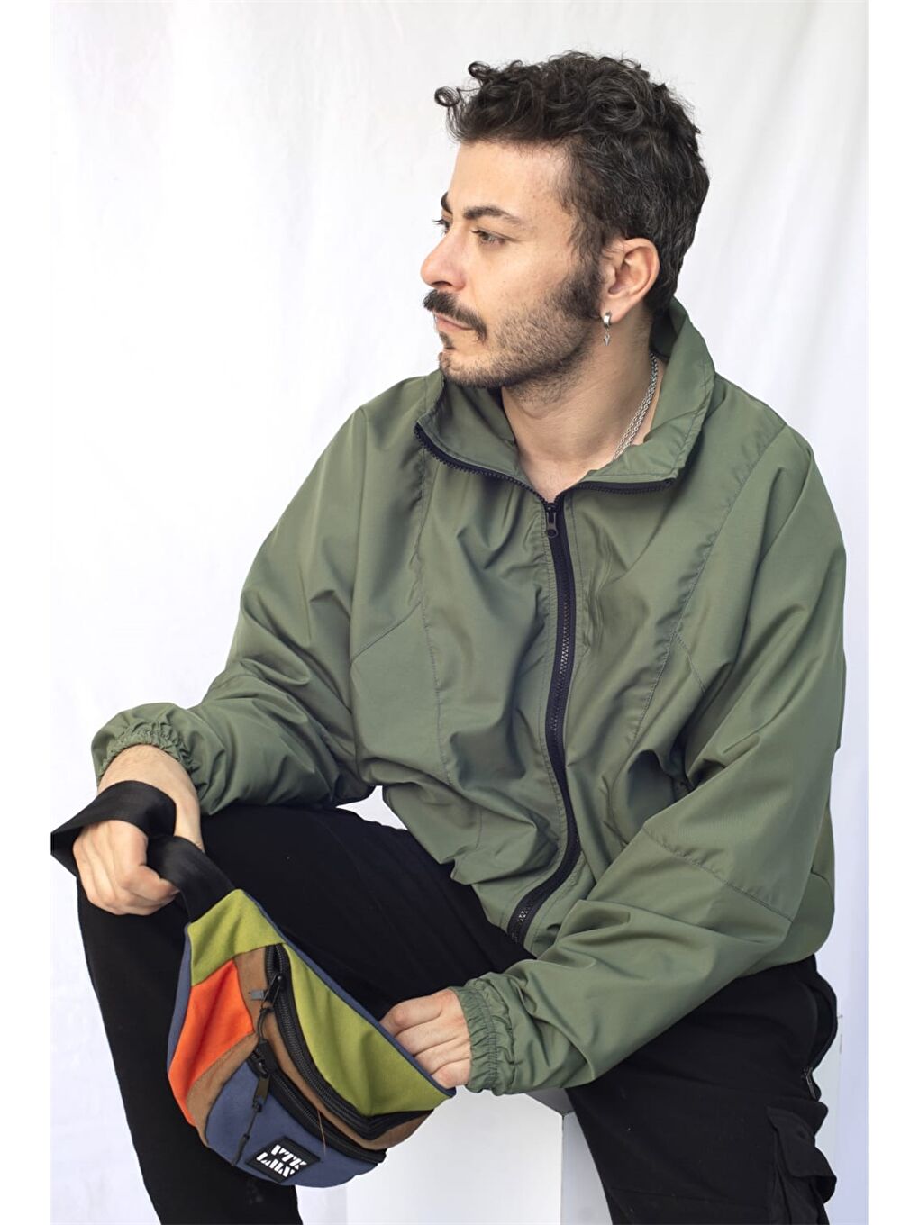 Haki Oversize Dik Yaka Unisex Bomber Ceket-1