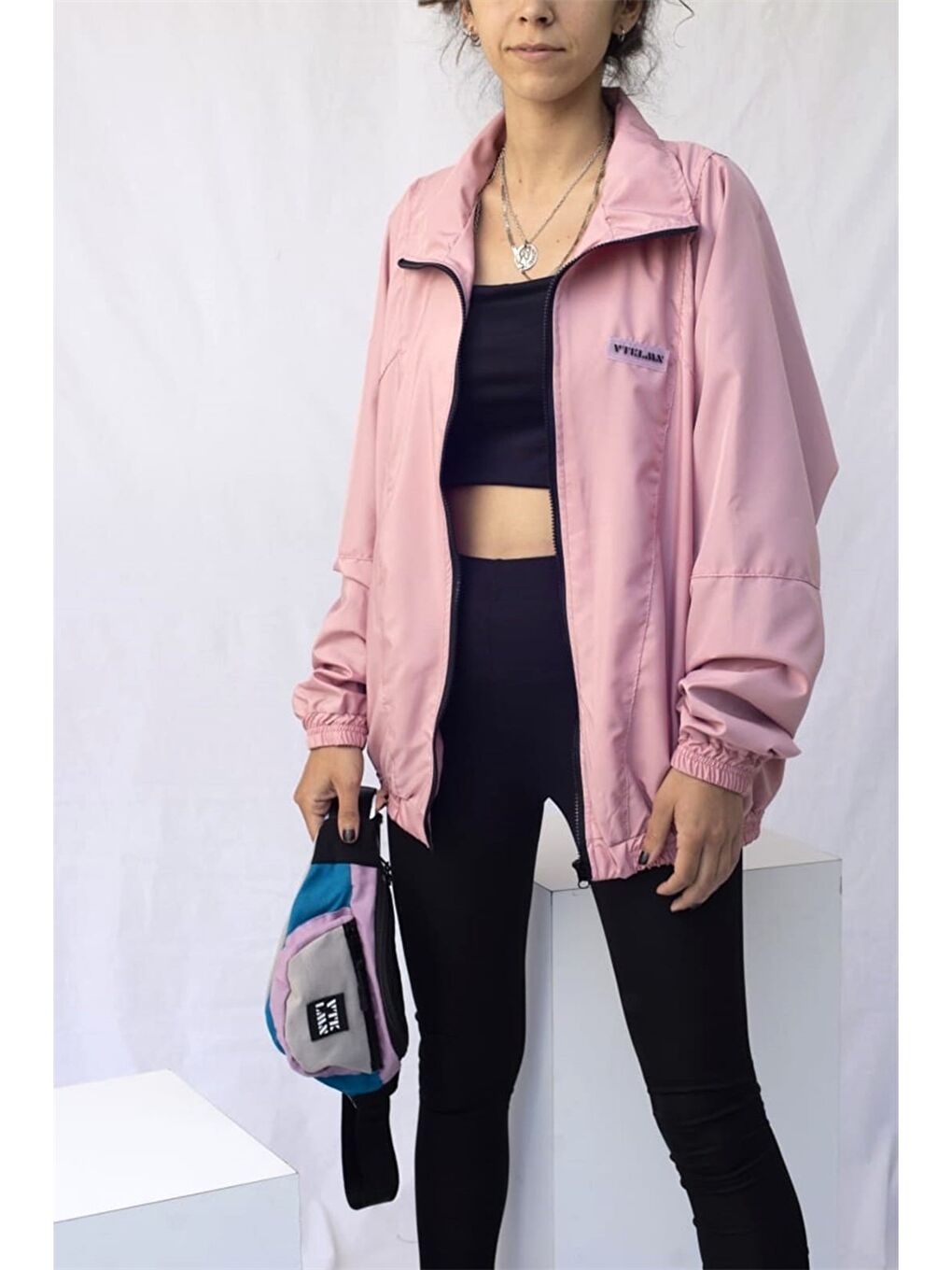 Pembe Unisex Baskılı Bomber Ceket-1