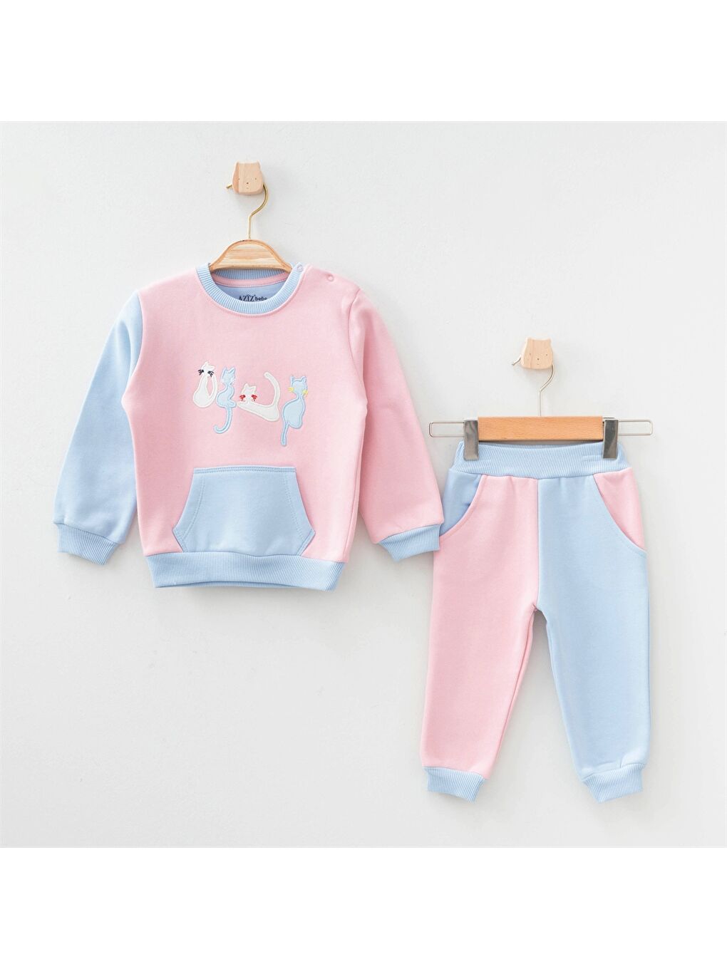 Pembe Bisiklet Yaka Uzun Kollu Baskılı Kız Bebek Sweatshirt ve Eşofman 2'li Takım