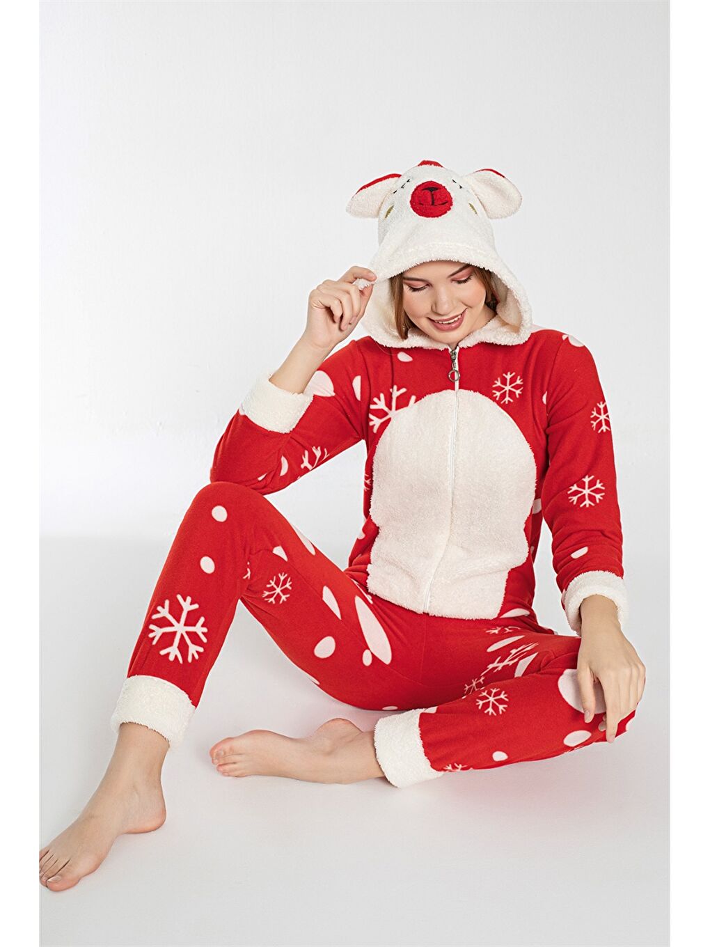 Kırmızı Yılbaşı Kar Taneli Arka Fermuarlı Polar Tulum