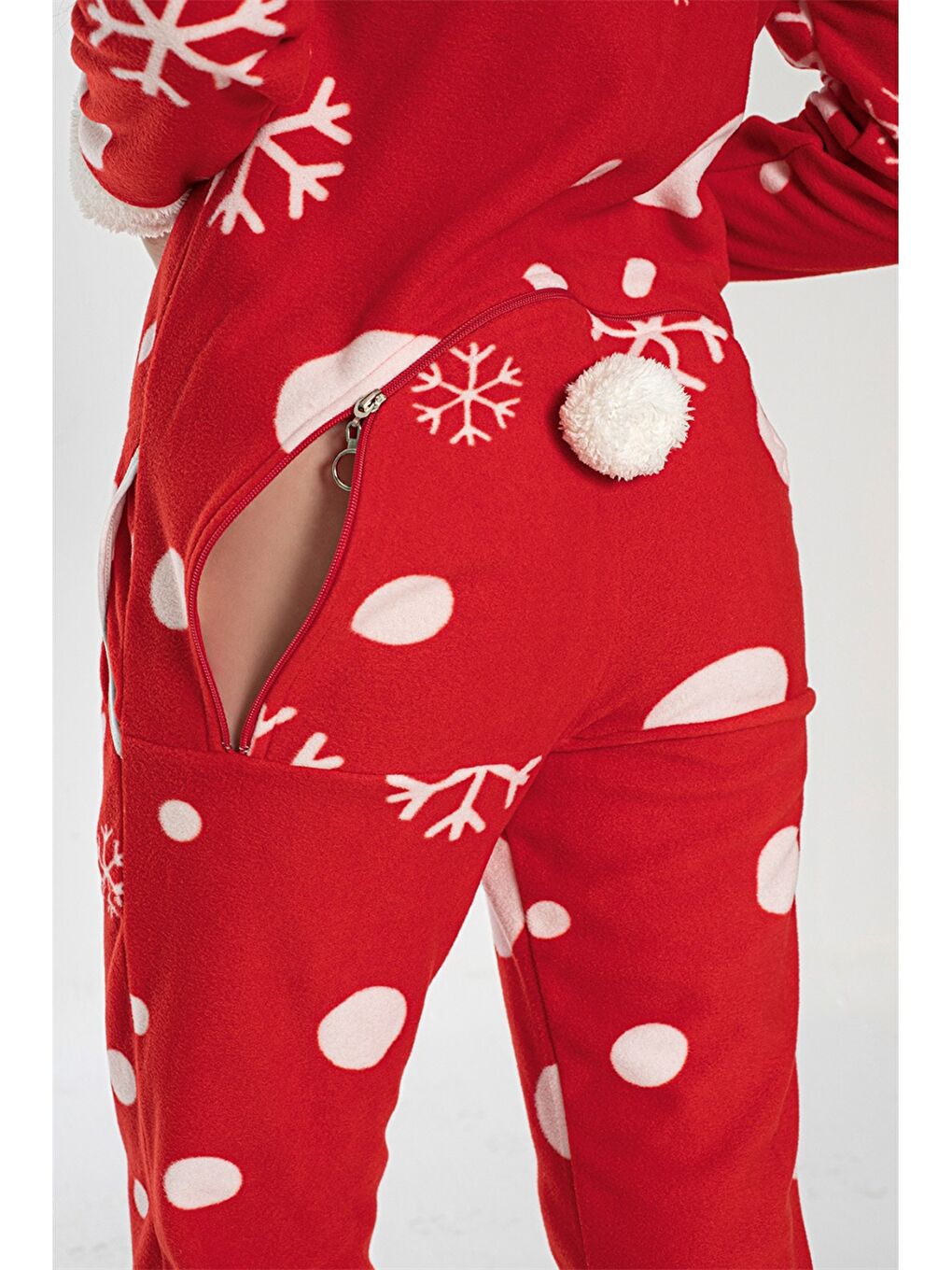 Kırmızı Yılbaşı Kar Taneli Arka Fermuarlı Polar Tulum-2