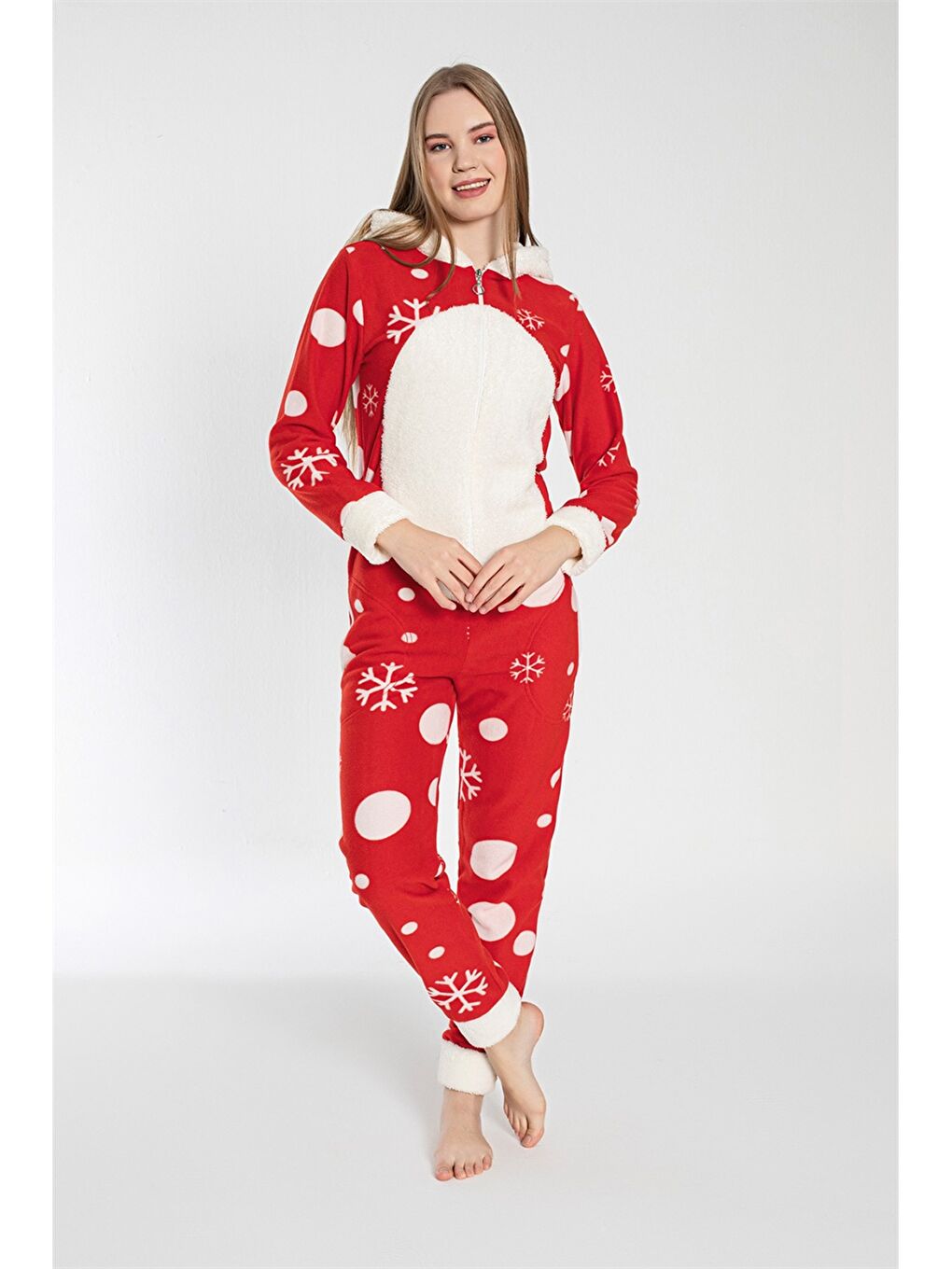 Kırmızı Yılbaşı Kar Taneli Arka Fermuarlı Polar Tulum-3