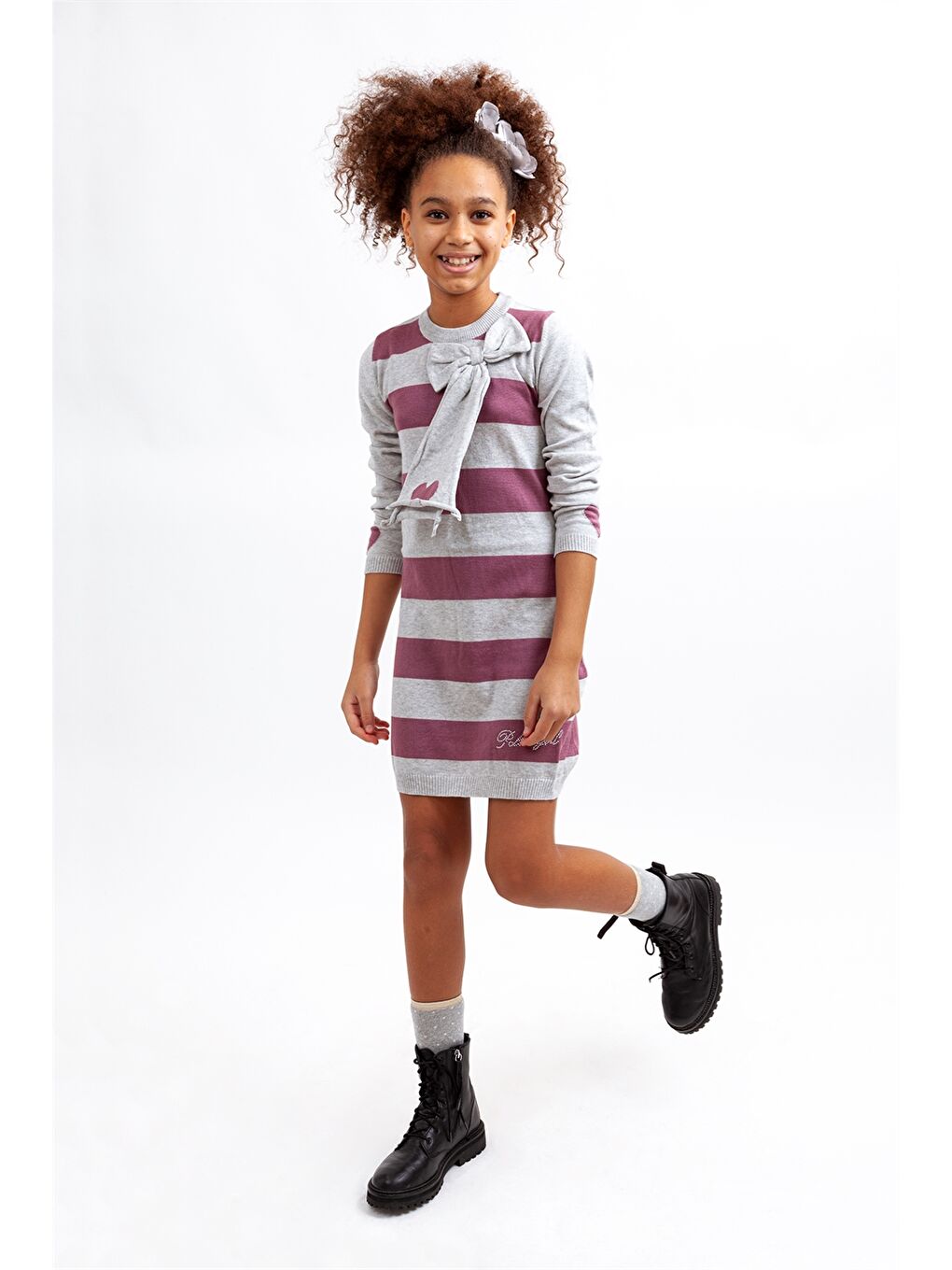 Pembe Bisiklet Yaka Çizgili Uzun Kollu Kız Çocuk Elbise