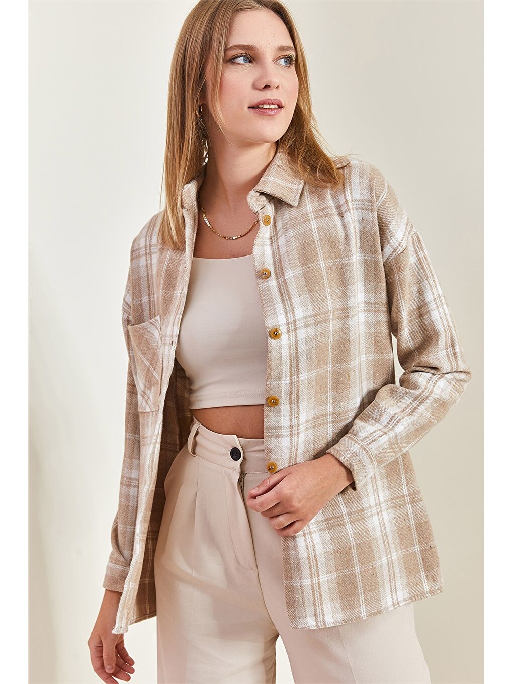 Bej Ekose Desenli Kadın Gömlek-3