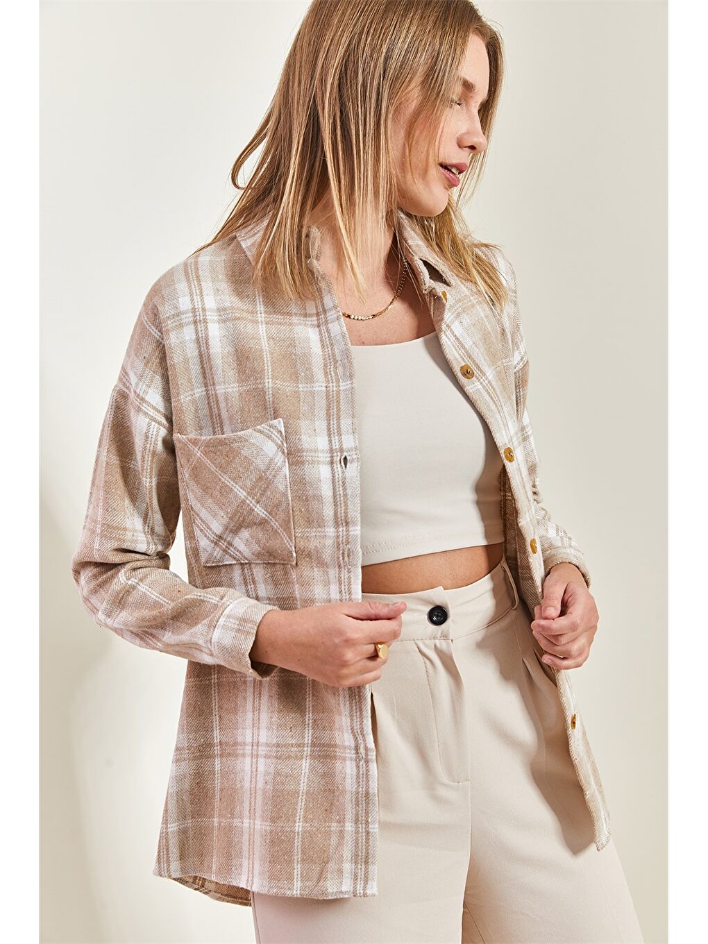 Bej Ekose Desenli Kadın Gömlek-5