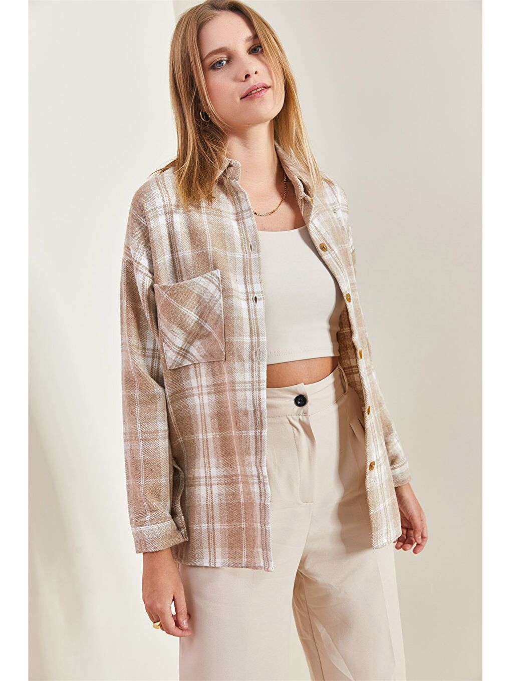 Bej Ekose Desenli Kadın Gömlek-6