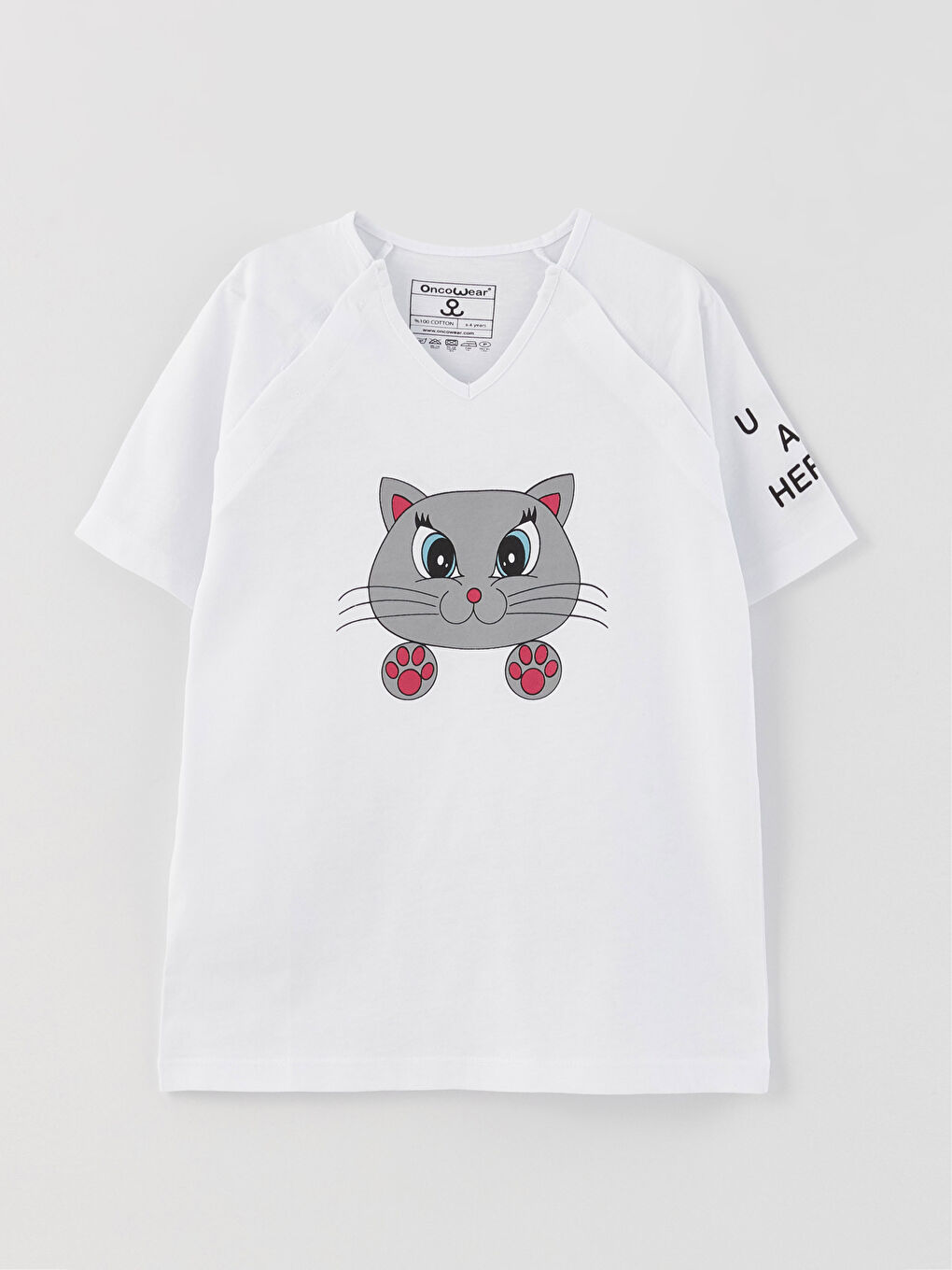 Beyaz V Yaka Baskılı Kısa Kollu Kız Çocuk Tişört