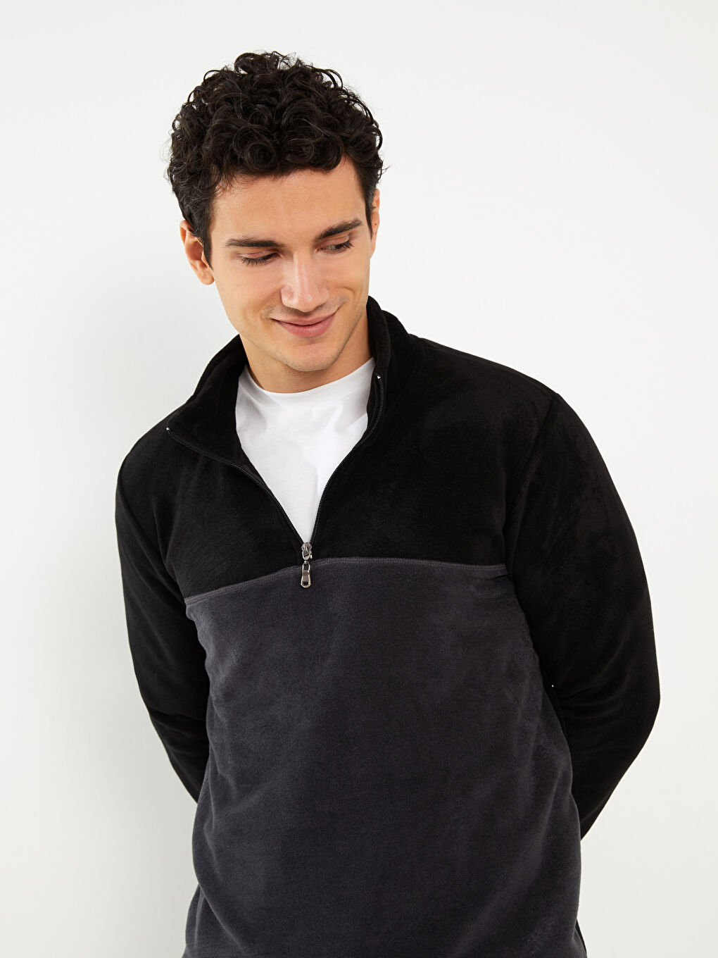 Lacivert Dik Yaka Uzun Kollu Polar Erkek Sweatshirt-2