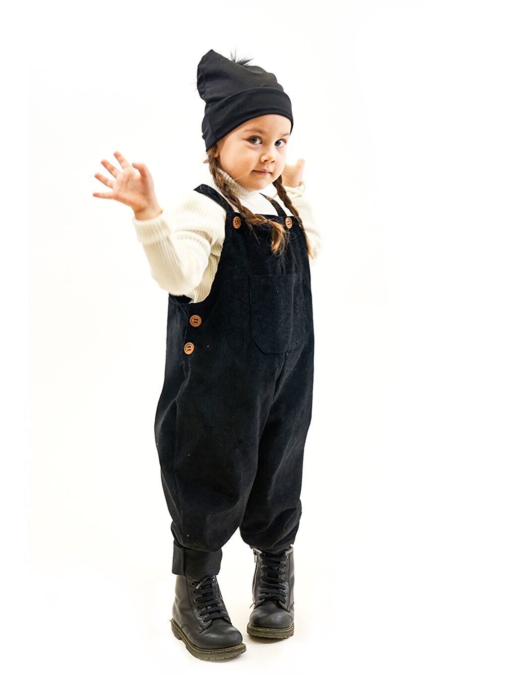 Siyah Kare Yaka Kadife Unisex Bebek Salopet-1