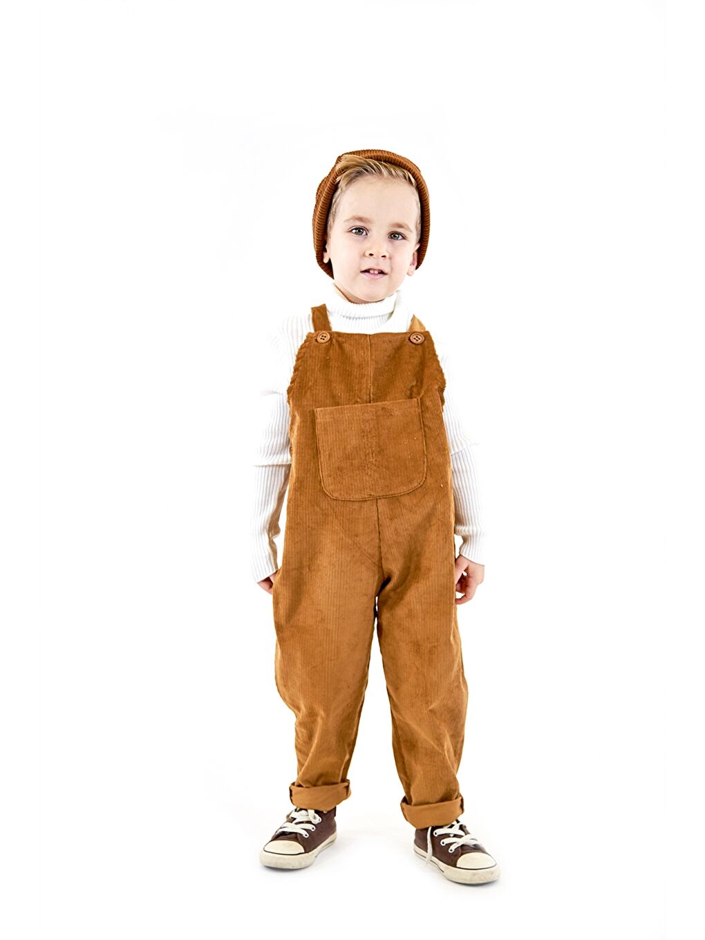 Catz Kids Kahverengi Kare Yaka Kadife Unisex Bebek Salopet - 3