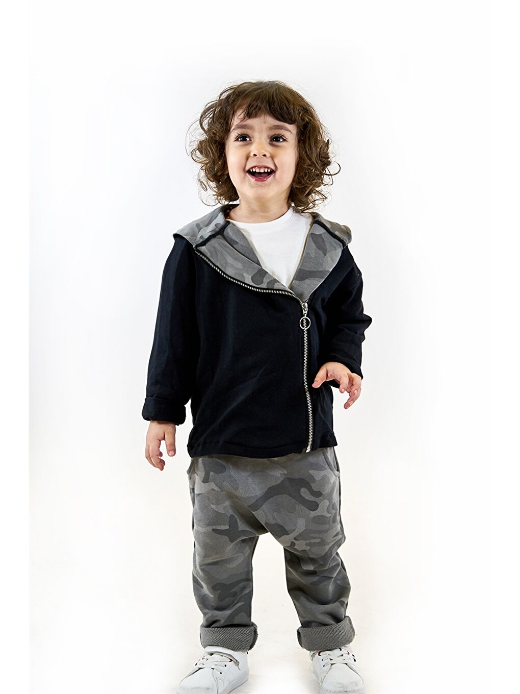 Catz Kids Gri Kapüşonlu Uzun Kollu Erkek Bebek Fermuarlı Sweatshirt ve Harem Pantolon 2'li Takım - 1