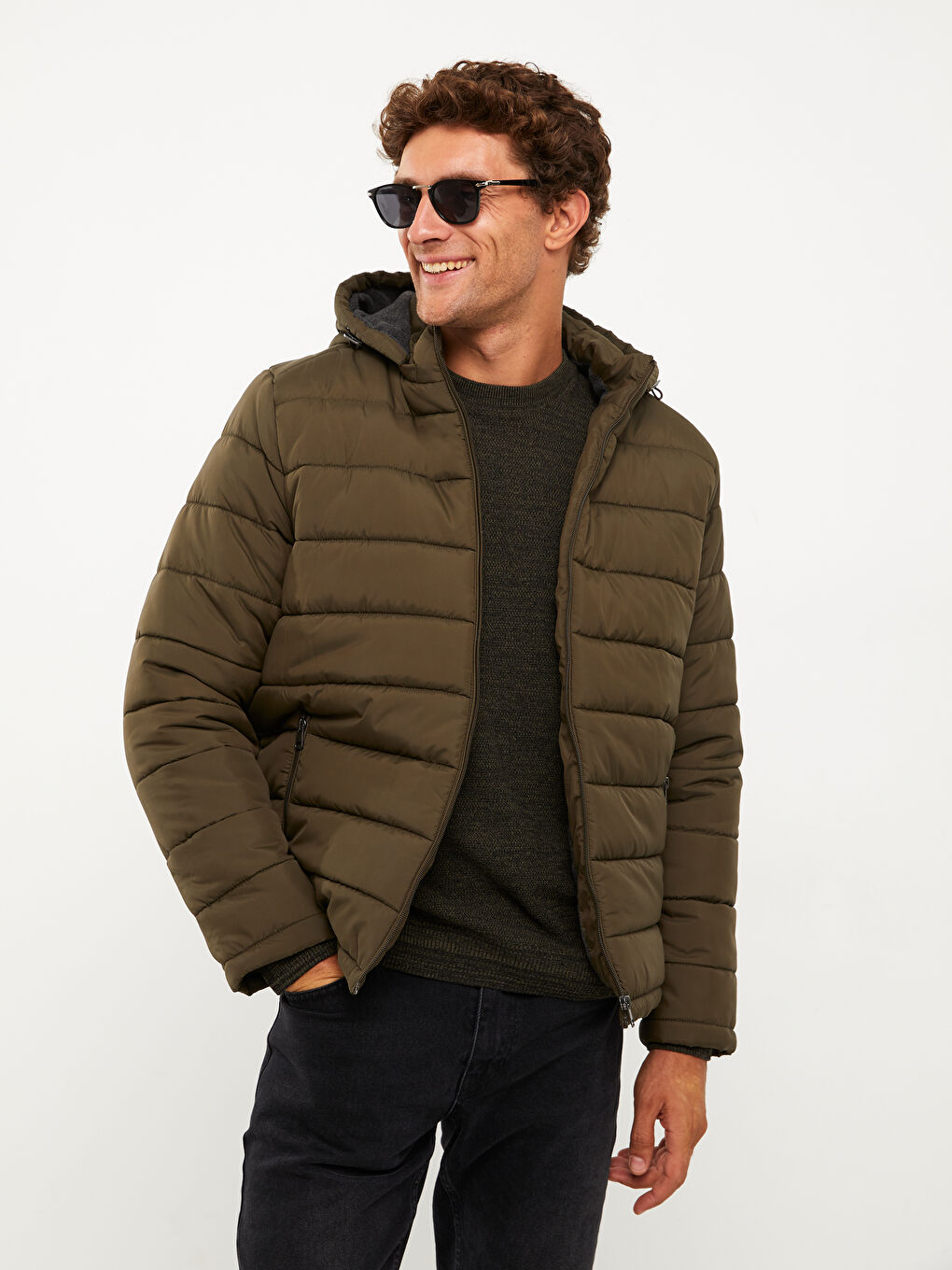 Haki Standart Kalıp Kapüşonlu Erkek Şişme Mont-1