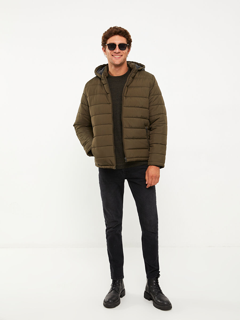 Haki Standart Kalıp Kapüşonlu Erkek Şişme Mont-2