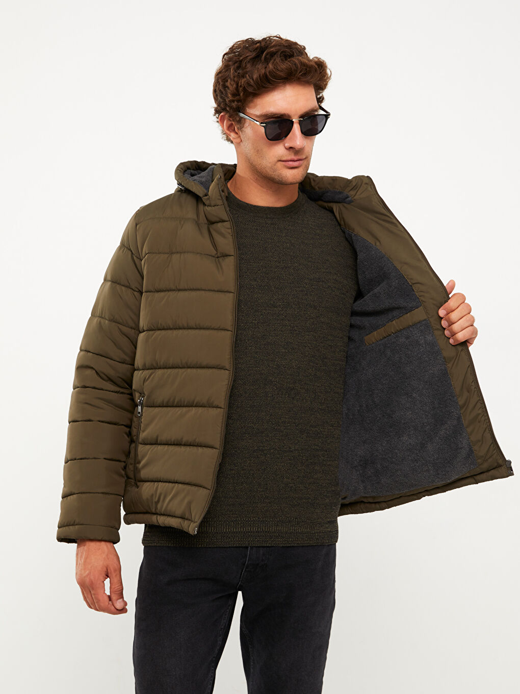 Haki Standart Kalıp Kapüşonlu Erkek Şişme Mont-3