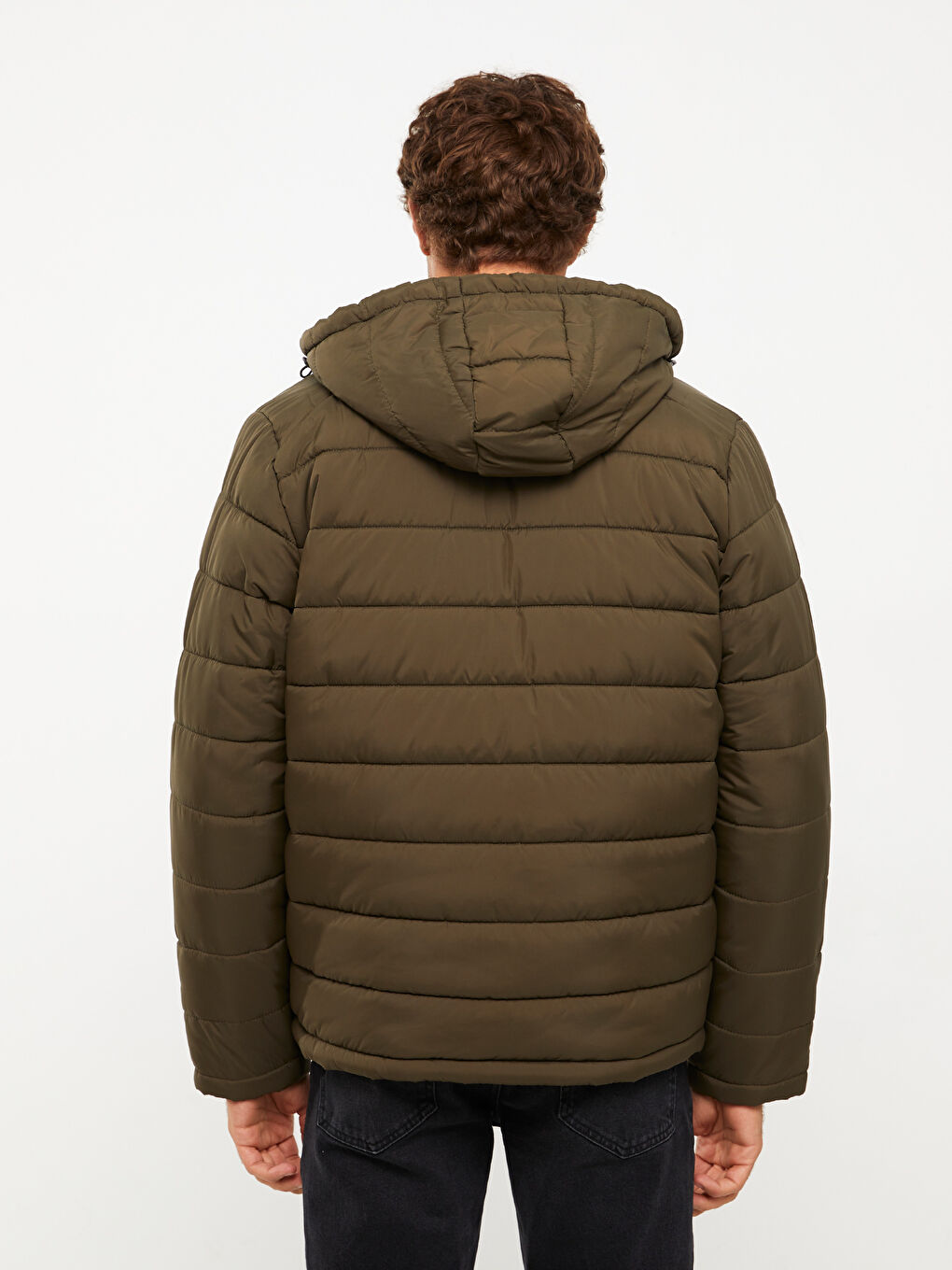 Haki Standart Kalıp Kapüşonlu Erkek Şişme Mont-5