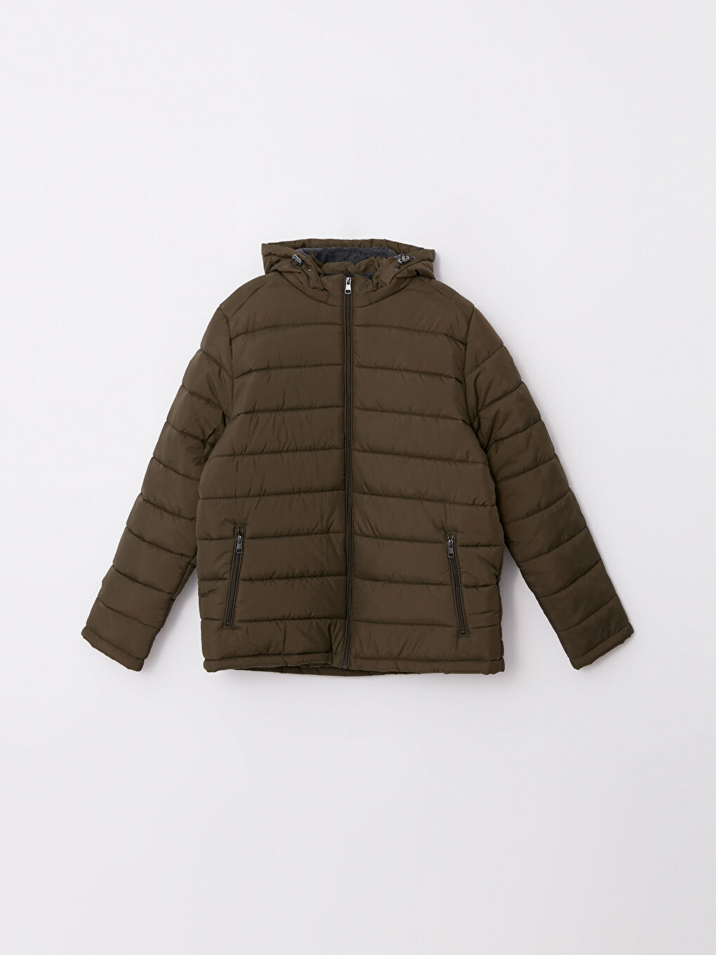 Haki Standart Kalıp Kapüşonlu Erkek Şişme Mont-6