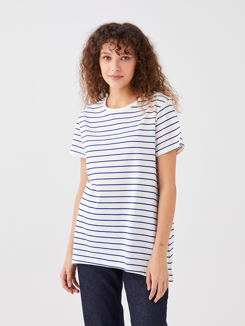 Crew Neck Striped Short Sleeve Cotton Women's T-shirt-1