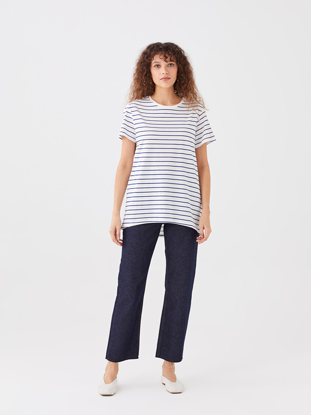 Crew Neck Striped Short Sleeve Cotton Women's T-shirt-3