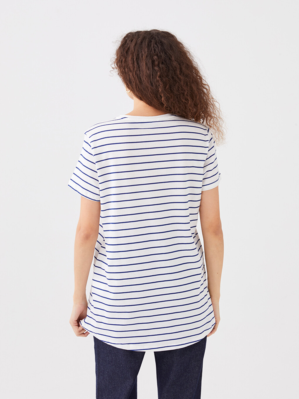 Crew Neck Striped Short Sleeve Cotton Women's T-shirt-5