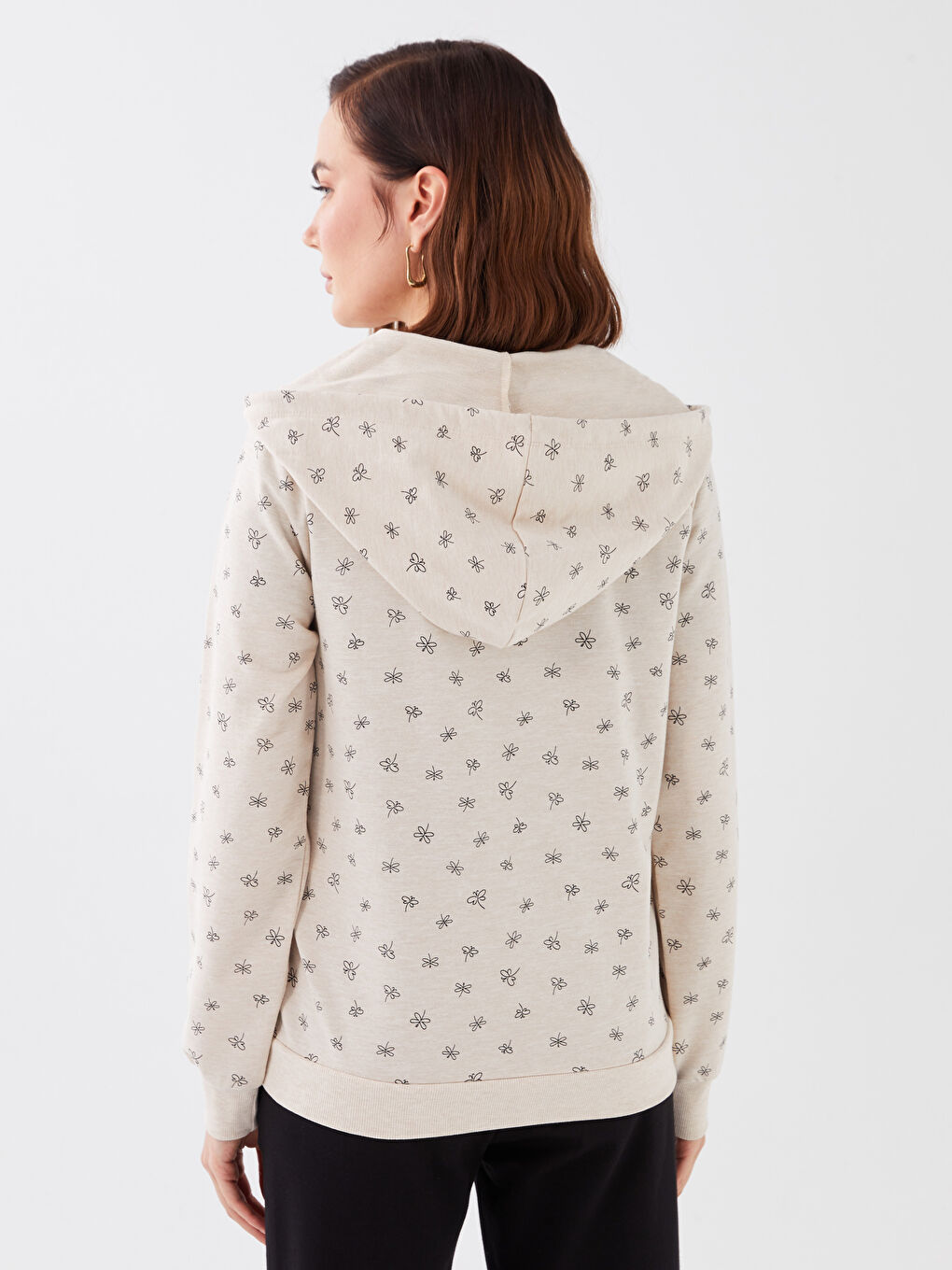 Bej Kapüşonlu Desenli Uzun Kollu Kadın Hırka-4