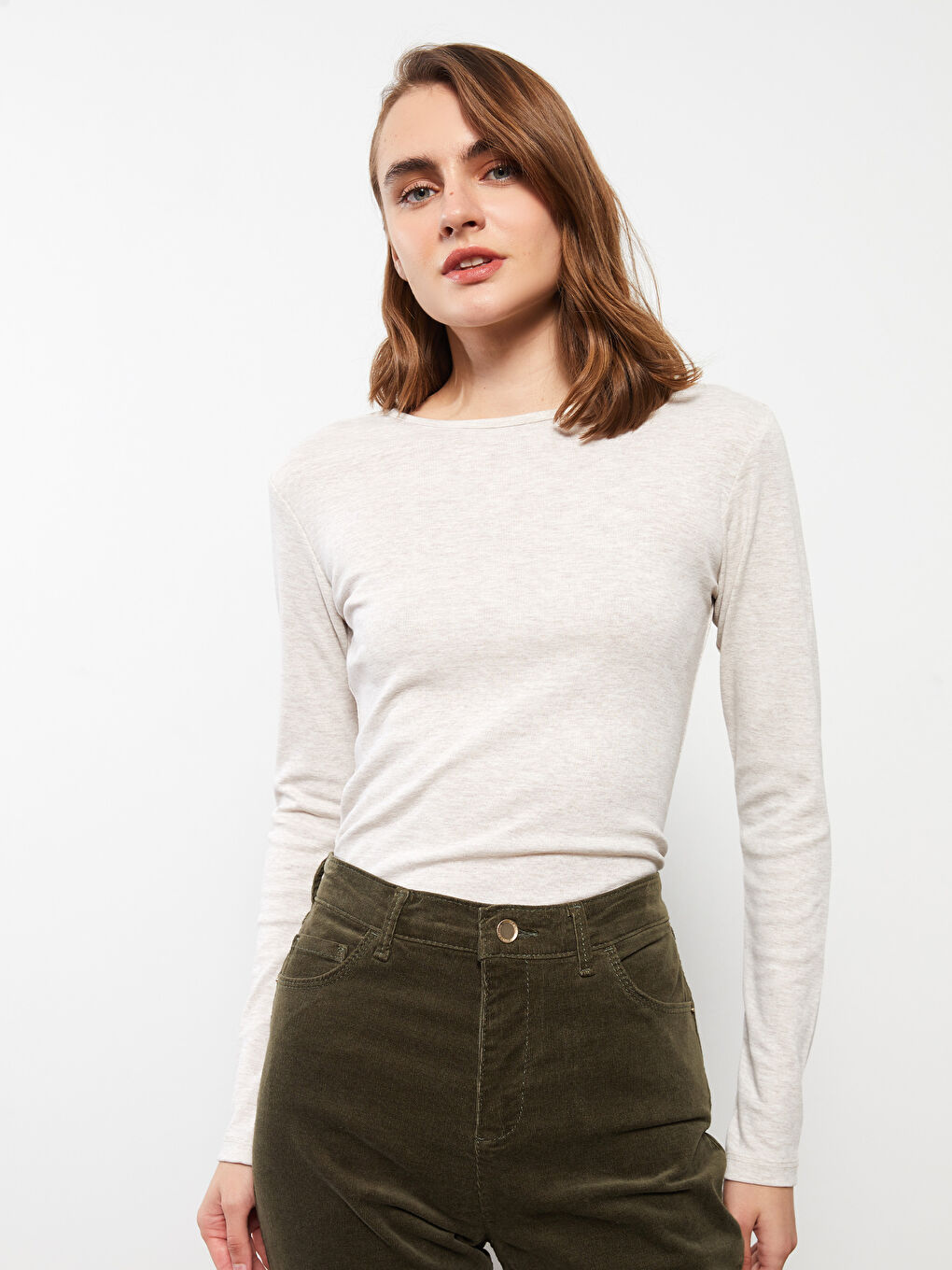 Bej Bisiklet Yaka Kadın Bodysuit-2