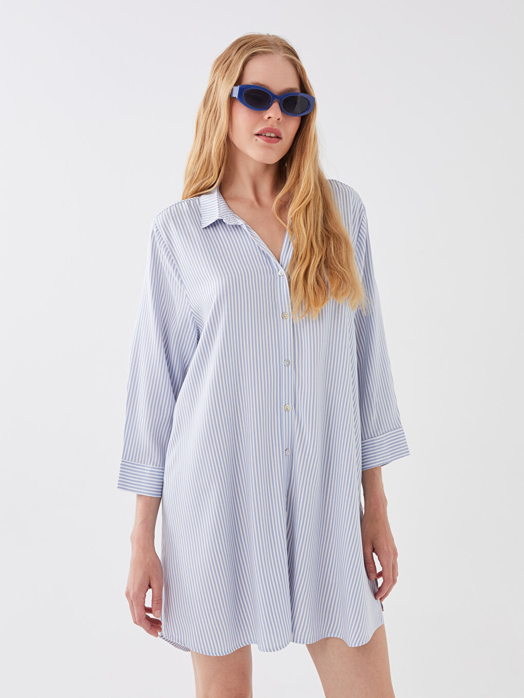 Turkuaz Gömlek Yaka Çizgili Kadın Plaj Elbisesi