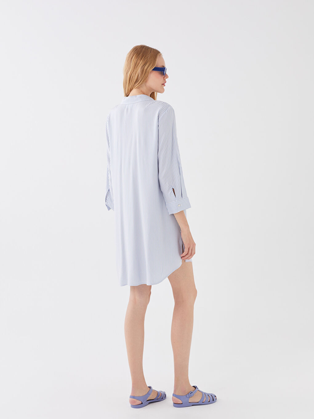 Turkuaz Gömlek Yaka Çizgili Kadın Plaj Elbisesi-3