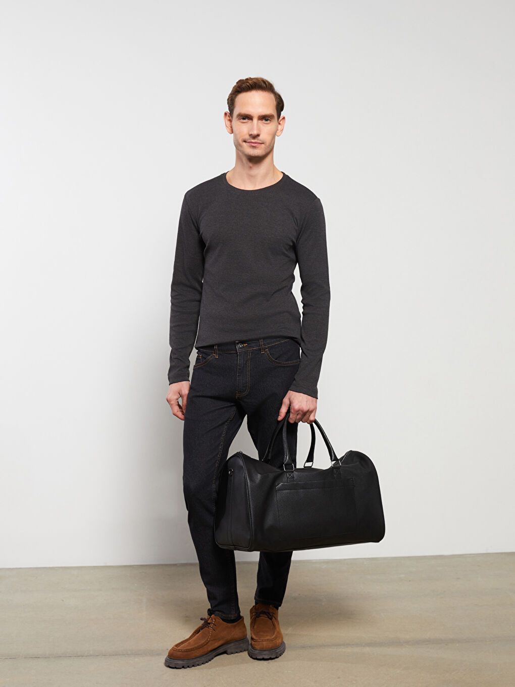 Antrasit Bisiklet Yaka Uzun Kollu Penye Erkek Tişört-2