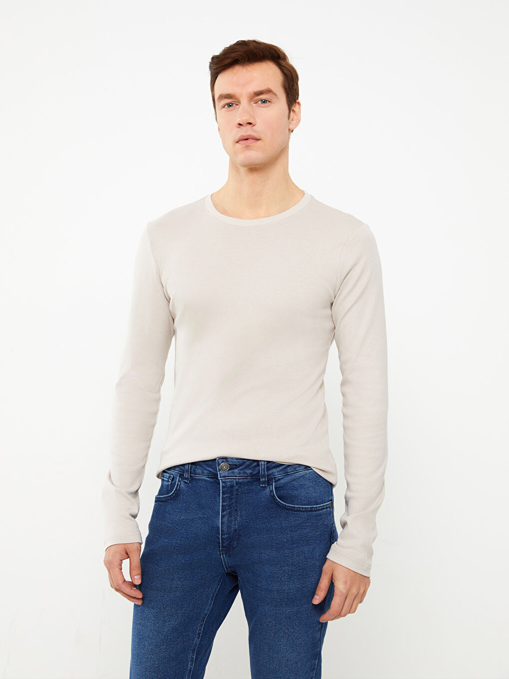 Bej Bisiklet Yaka Uzun Kollu Penye Erkek Tişört