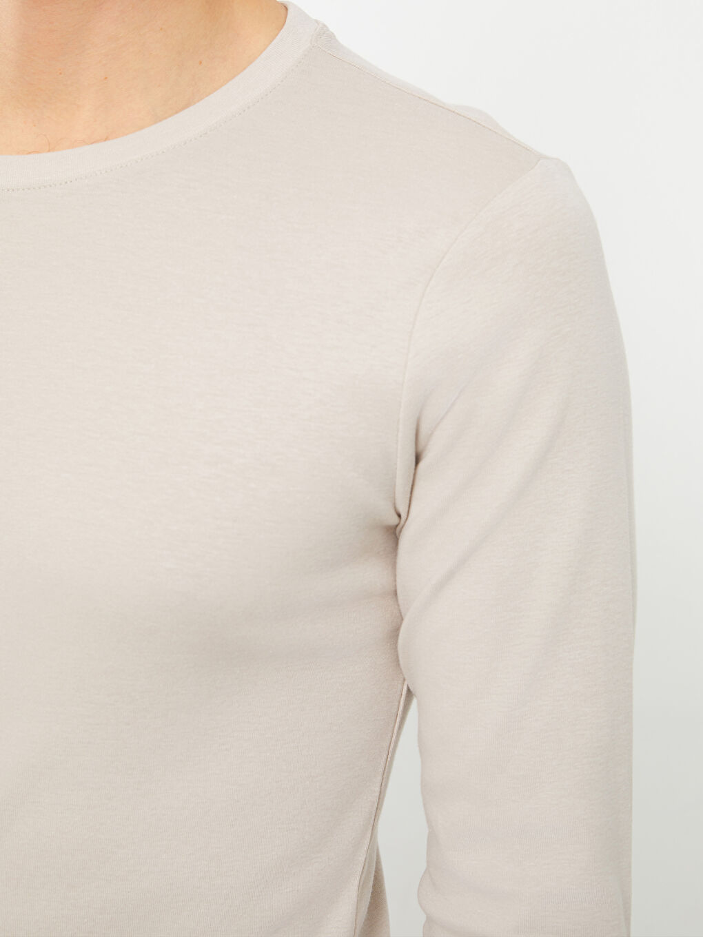 Bej Bisiklet Yaka Uzun Kollu Penye Erkek Tişört-2