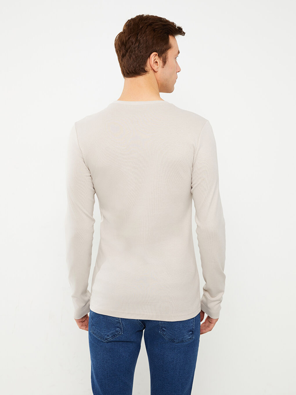 Bej Bisiklet Yaka Uzun Kollu Penye Erkek Tişört-3