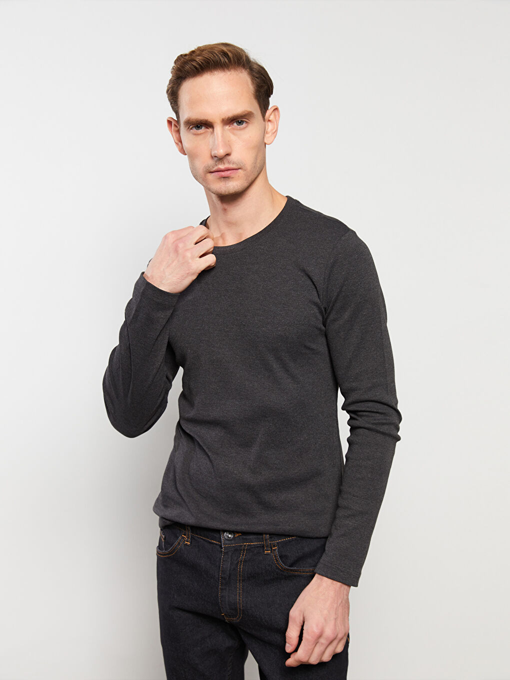 Antrasit Bisiklet Yaka Uzun Kollu Penye Erkek Tişört-1