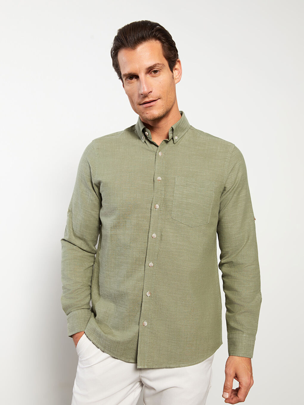 Yeşil Regular Fit Uzun Kollu Keten Karışımlı Erkek Gömlek