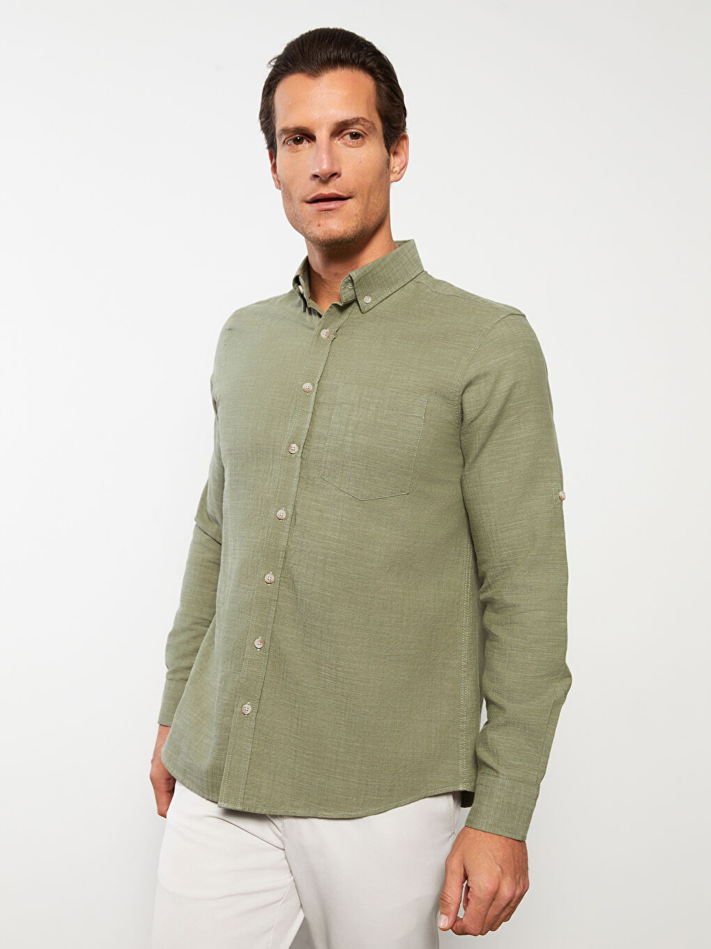 Yeşil Regular Fit Uzun Kollu Keten Karışımlı Erkek Gömlek-1