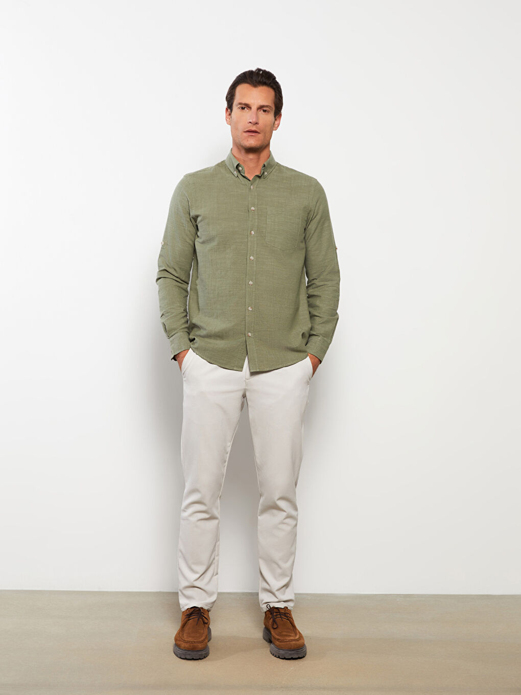 Yeşil Regular Fit Uzun Kollu Keten Karışımlı Erkek Gömlek-2
